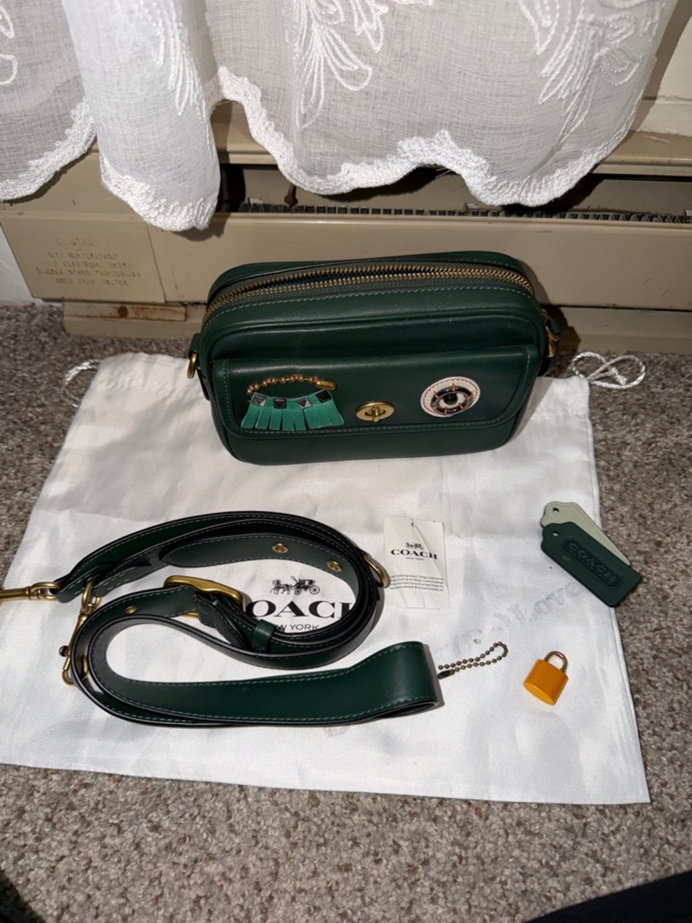 Coach Dark Green Leather Camera Crossbody with Tassel Charm, Lock and Dust Bag.
